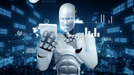 Téléchargez les photos : Illustration 3D XAI Le futur contrôle de la technologie financière par le robot huminoid AI utilise l'apprentissage automatique et l'intelligence artificielle pour analyser les données commerciales et donner des conseils sur l'investissement et le trading - en image libre de droit