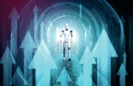 Téléchargez les photos : Illustration 3D XAI Concept de croissance d'entreprise en utilisant le robot IA et la technologie d'apprentissage automatique pour analyser les données et donner des conseils sur la planification des investissements futurs de l'entreprise. Illustration de rendu 3D. - en image libre de droit