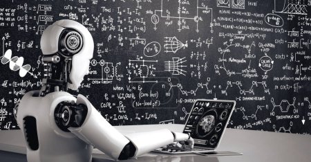 Téléchargez les photos : Illustration 3D XAI Robot hominoïde utiliser un ordinateur portable et s'asseoir à la table pour étudier les sciences de l'ingénierie en utilisant la pensée IA cerveau, l'intelligence artificielle et le processus d'apprentissage automatique pour la 4e industrielle - en image libre de droit