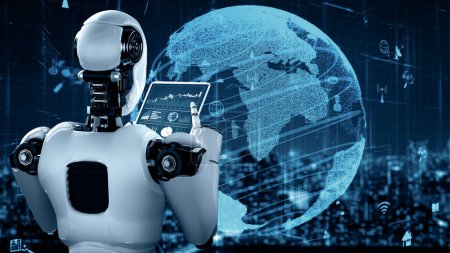 Téléchargez les photos : Illustration XAI 3D Connexion Internet contrôlée par huminoïde robot AI et processus d'apprentissage automatique pour analyser la connectivité des données et la cybersécurité. rendu 3D. - en image libre de droit