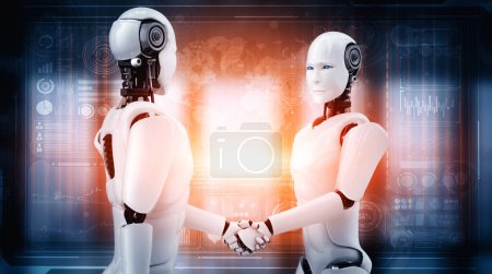 Foto de XAI 3d ilustración humanoide robot apretón de manos para colaborar en el desarrollo futuro de la tecnología por el cerebro pensamiento AI, la inteligencia artificial y el proceso de aprendizaje automático para la cuarta revolución industrial. - Imagen libre de derechos