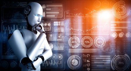 Foto de Ilustración XAI 3D Pensamiento Robot humanoide AI que analiza la pantalla del holograma que muestra el concepto analítico de big data usando inteligencia artificial por proceso de aprendizaje automático. Ilustración 3D. - Imagen libre de derechos