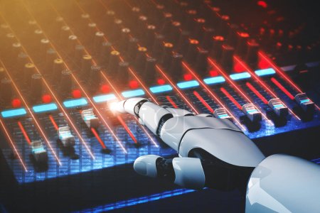 Foto de XAI 3D rendering robot disc jockey hand at dj mixer close up view in nightclub during party. EDM, entretenimiento, concepto de fiesta. - Imagen libre de derechos