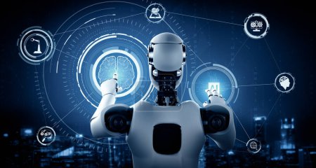 Téléchargez les photos : Illustration 3D XAI robot humanoïde IA touchant écran hologramme virtuel montrant concept de cerveau IA et intelligence artificielle pensée par processus d'apprentissage automatique. Illustration 3D. - en image libre de droit
