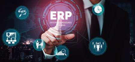 Photo for Enterprise Resource Management ERP software system for business resources plan presented in modern graphic interface showing future technology to manage company enterprise resource. uds - Royalty Free Image