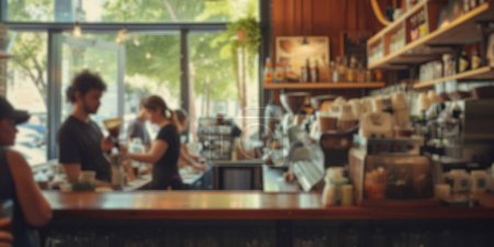 Foto de Fondo borroso de una ajetreada cafetería con clientes disfrutando de sus bebidas y baristas elaborando café, creando un animado espacio comunitario. Resplandeciente. - Imagen libre de derechos