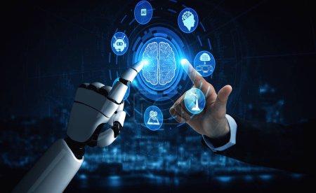 Foto de XAI 3D renderizado inteligencia artificial Investigación de inteligencia artificial del desarrollo de robots y cyborg para el futuro de las personas que viven. Diseño de tecnología digital de minería de datos y aprendizaje automático para cerebro de computadora. - Imagen libre de derechos