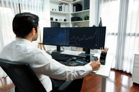 Photo for Smart trader businessman analyzing in two dynamic stock exchange investment screen on pc with investing highest profitable financial technology in searching market at modern home office. Surmise. - Royalty Free Image