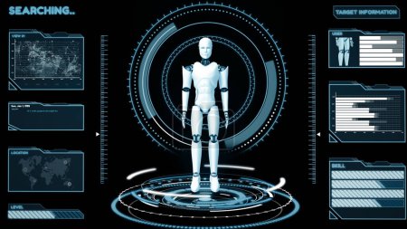 Foto de Ilustración XAI 3D Robot futurista, inteligencia artificial Análisis y programación de big data CGI. Hombre robótico 3D hacer animación. Ilustración 3D. - Imagen libre de derechos
