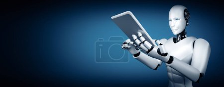 Foto de Ilustración XAI 3D Robot humanoide utilizando tableta de computadora en la oficina futura, mientras que el uso de IA cerebro pensamiento, inteligencia artificial y el proceso de aprendizaje automático. 4ª revolución industrial 3D - Imagen libre de derechos