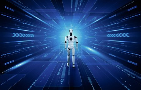 Téléchargez les photos : Robot d'illustration 3D XAI humanoïde dans le monde de la science-fiction fantastique. Concept de pensée IA cerveau et processus d'apprentissage automatique pour la 4ème quatrième révolution industrielle. - en image libre de droit