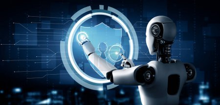 Foto de XAI 3d ilustración AI robot utilizando la seguridad cibernética para proteger la privacidad de la información. Concepto futurista de prevención del delito cibernético mediante inteligencia artificial y proceso de aprendizaje automático. Renderizado 3D - Imagen libre de derechos
