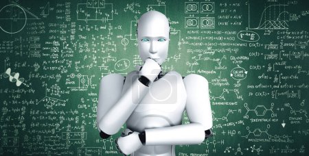 Téléchargez les photos : Illustration 3D XAI Penser robot humanoïde AI analyser écran de formule mathématique et équation de la science en utilisant l'intelligence artificielle et le processus d'apprentissage automatique pour le 4ème industriel - en image libre de droit