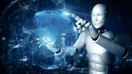 Foto de Ilustración XAI 3D El robot hominoide AI que toca la pantalla del holograma muestra el concepto de red global de la comunicación usando el pensamiento de la inteligencia artificial por el proceso de aprendizaje automático. Ordenador de renderizado 3D - Imagen libre de derechos