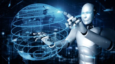 Foto de Ilustración XAI 3D Robot futurista inteligencia artificial huminoide AI transporte tecnología analítica desarrollo y aprendizaje automático concepto. Investigación científica robótica global para el futuro de - Imagen libre de derechos