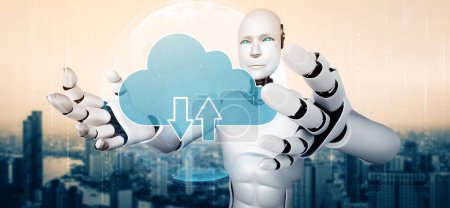 Photo for XAI 3d illustration AI robot using cloud computing technology to store data on online server. Futuristic concept of cloud information storage analyzed by machine learning process. 3D rendering - Royalty Free Image