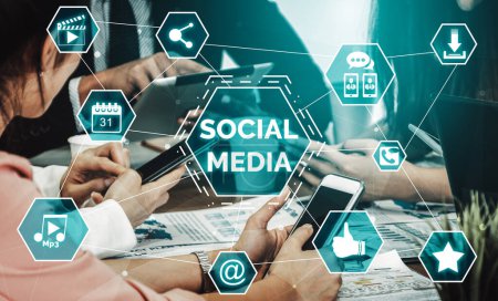 Médias sociaux et concept de réseau de jeunes. Interface graphique moderne montrant le réseau de connexion sociale en ligne et les canaux de médias pour engager l'interaction client dans l'entreprise numérique. uds