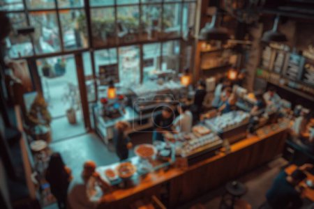 Fond flou d'un café animé avec des clients profitant de leurs boissons et baristas artisanat café, créant un espace communautaire animé. Resplendissant.