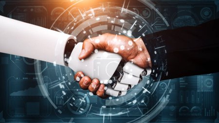 Foto de XAI 3d ilustración hominoide robot apretón de manos para colaborar en el desarrollo futuro de la tecnología por el cerebro de pensamiento AI, inteligencia artificial y el proceso de aprendizaje automático para la cuarta revolución industrial. - Imagen libre de derechos