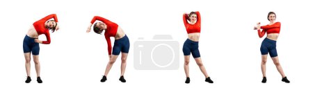 Foto de Mujer joven saludable y activa en ropa deportiva con diferentes posturas de fitness profesional conjunto de sesiones de entrenamiento de yoga. Meditación ejercicio de yoga sobre fondo aislado en la alegría de cuerpo entero tiro de longitud. - Imagen libre de derechos