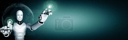 Photo for XAI 3d illustration AI humanoid robot touching finger at copy space in concept of artificial intelligence thinking by machine learning process for 4th fourth industrial revolution. 3D illustration. - Royalty Free Image