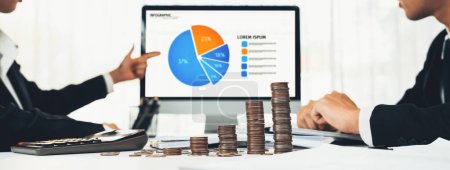 Photo for Business intelligence analyst use BI software on laptop to analyze financial data dashboard with growth stack coin symbolize business technology make investment decision in panorama. Shrewd - Royalty Free Image