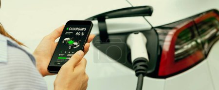 Photo for Young woman using smartphone online banking application to pay for electric car battery charging from EV charging station during vacation holiday road trip at national park or forest. Panorama Exalt - Royalty Free Image