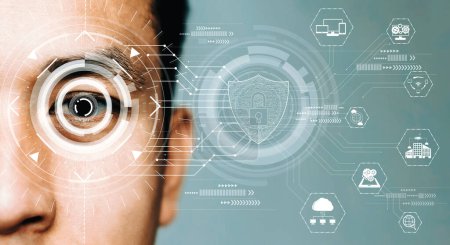 Téléchargez les photos : Protection future des données de cybersécurité par balayage biométrique avec œil humain pour déverrouiller et donner accès à des données numériques privées. Concept d'innovation technologique futuriste. uds - en image libre de droit