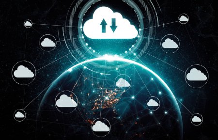 Technologie de cloud computing et stockage de données en ligne pour le concept de réseau d'entreprise. L'ordinateur se connecte au service de serveur Internet pour le transfert de données en nuage présenté dans l'interface graphique futuriste 3D. uds