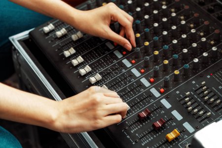 Photo for Amplifier mixer and equalizer in studio room in close up view. uds - Royalty Free Image