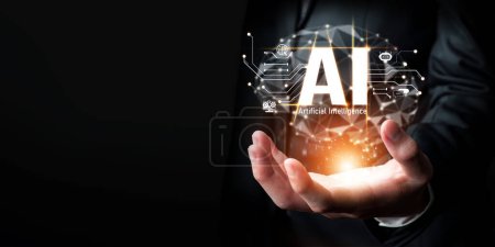 Der Mensch interagiert mit dem künstlichen Intelligenz-Gehirnprozessor KI im Konzept der künstlichen Intelligenz, Big Data und maschinellem Lernen, um generative KI für die Unterstützung von Unternehmen zu nutzen. NLP.