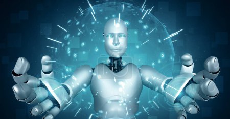 Foto de Ilustración XAI 3D El robot hominoide AI que sostiene la pantalla del holograma muestra el concepto de red global de la comunicación usando el pensamiento de la inteligencia artificial por el proceso de aprendizaje automático. Ordenador de renderizado 3D - Imagen libre de derechos