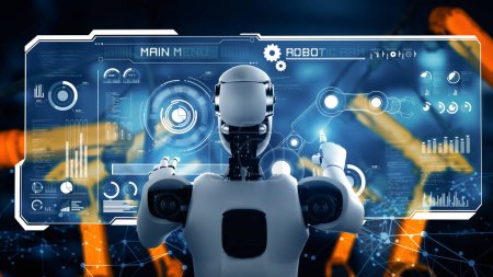 Foto de Ilustración XAI 3D Robot de la industria cibernética y brazos robóticos para montaje en producción de fábrica. Concepto de inteligencia artificial para la revolución industrial y el proceso de fabricación de automatización. - Imagen libre de derechos