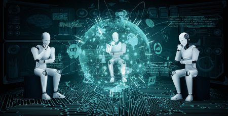 Téléchargez les photos : Illustration 3D de XAI Le robot humanoïde d'IA pensant analyser l'écran d'hologramme montre le concept de communication globale de réseau utilisant l'intelligence artificielle par le processus d'apprentissage automatique. Illustration 3D - en image libre de droit