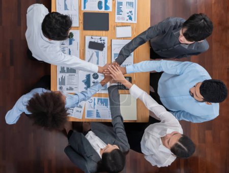 Photo for Top view panoramic banner hand stack by office worker show solidarity teamwork and trust in workplace. Diverse businesspeople unite for success with synergy and collaboration by hand stacking. Concord - Royalty Free Image