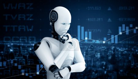 Foto de Ilustración XAI 3D Pensando robot humanoide AI analizando el comercio bursátil mediante el uso de la inteligencia artificial y el proceso de aprendizaje automático para la cuarta revolución industrial. Ilustración 3D. - Imagen libre de derechos