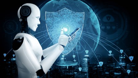 Foto de XAI 3d ilustración AI robot utilizando la seguridad cibernética para proteger la privacidad de la información. Concepto futurista de prevención del delito cibernético mediante inteligencia artificial y proceso de aprendizaje automático. Renderizado 3D - Imagen libre de derechos