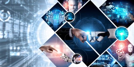 Los humanos interactúan con inteligencia artificial artificial robot asistente virtual. Concepto de inteligencia artificial Inteligencia artificial Ingeniería rápida, LLM AI aprender a utilizar la IA generativa para aumentar la productividad. PNL