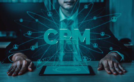 CRM Customer Relationship Management for business sales marketing system concept presented in futuristic graphic interfaz of service application to support CRM database analysis. BARROS