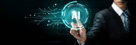 Los seres humanos interactúan con el procesador cerebral de inteligencia artificial de IA en concepto de ingeniería de inteligencia artificial de IA, big data y aprendizaje automático de IA para usar la IA generativa como soporte empresarial. PNL.