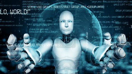 Foto de Ilustración XAI 3D Robot futurista inteligencia artificial huminoide IA programación codificación tecnología desarrollo y aprendizaje automático concepto. Investigación científica biónica robótica para el futuro del ser humano - Imagen libre de derechos