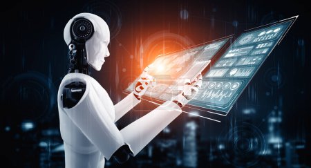 Téléchargez les photos : Illustration 3D XAI Robot humanoïde utiliser un téléphone mobile ou une tablette pour l'analyse de mégadonnées en utilisant la pensée IA cerveau, l'intelligence artificielle et le processus d'apprentissage automatique pour la 4ème quatrième industrie - en image libre de droit