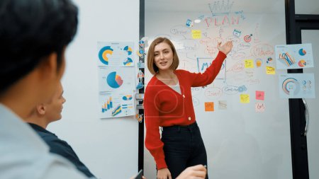 Photo for Young beautiful caucasian businesswoman presenting marketing strategy by using mind map, graph while answering questions with confident. Teamwork, brainstorming, discussing concept. Immaculate. - Royalty Free Image