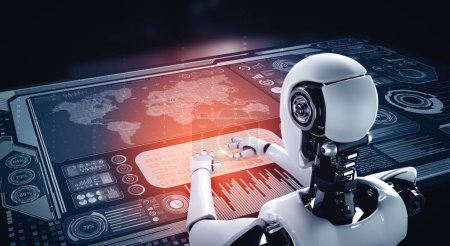 Téléchargez les photos : Illustration 3D XAI Robot humanoïde utiliser un ordinateur portable et s'asseoir à table pour la connexion au réseau mondial en utilisant la pensée IA cerveau, l'intelligence artificielle et le processus d'apprentissage automatique pour la 4e industrielle - en image libre de droit