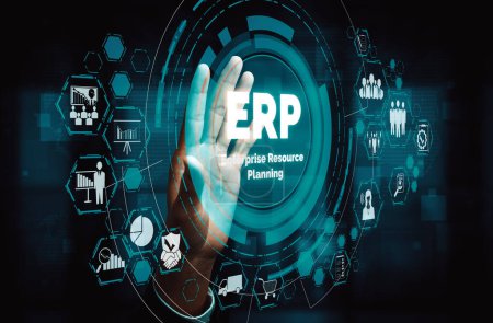 Enterprise Resource Management ERP software system for business resources plan presented in modern graphic interface showing future technology to manage company enterprise resource. uds