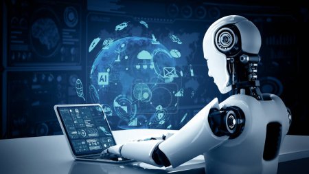 Téléchargez les photos : Illustration 3D XAI Robot hominoïde utiliser un ordinateur portable et s'asseoir à table pour la connexion au réseau mondial en utilisant la pensée IA cerveau, l'intelligence artificielle et le processus d'apprentissage automatique pour la 4e industrielle - en image libre de droit