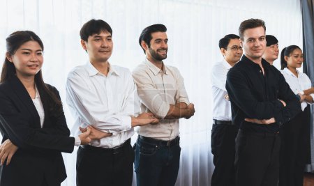 Photo for Business team standing, join and link hand together in panoramic banner symbolize successful business partnership and professional synergy with diverse culture group people cooperation. Prudent - Royalty Free Image