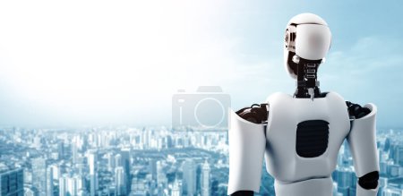 Photo for XAI 3d illustration 3D illustration robot humanoid looking forward against cityscape skyline. Concept of leadership, idea and vision for futuristic development of artificial intelligence AI. - Royalty Free Image