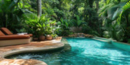 Photo for Blur background of luxurious resort spa relaxation area amidst dense tropical greenery. Resplendent. - Royalty Free Image