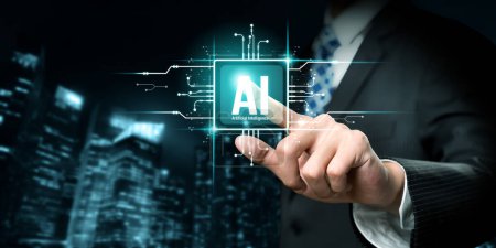 Human interact with AI artificial intelligence brain processor in concept of AI artificial intelligence engineering, big data and AI machine learning to use generative AI for business support. NLP.